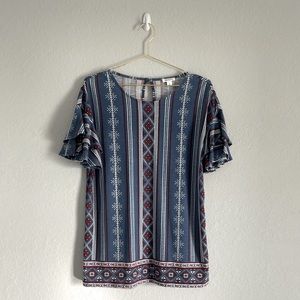 {Westport} Ruffle Sleeve Aztec Print Blouse